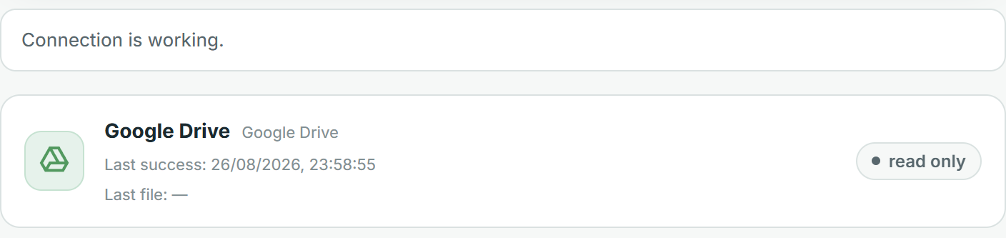 Real Hoster Settings screen showing a working Google Drive connection